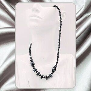 Genuine Hematite Geometric Bead Necklace – Sculpted Gunmetal Statement Strand